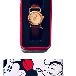 Disney Women's Brown Leather Strap Watch with Gold Dial